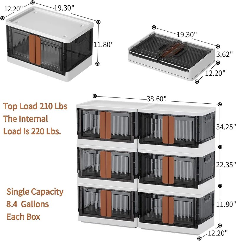 Bacs de rangement empilables et pliables avec couvercles et portes