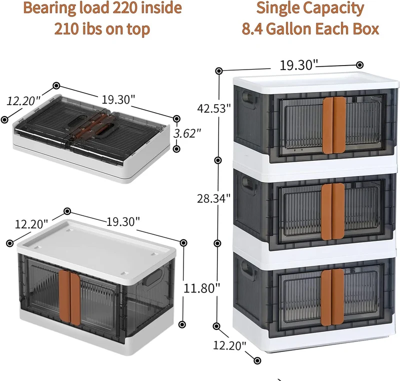 Bacs de rangement empilables et pliables avec couvercles et portes
