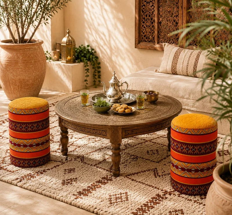 Tabouret berbère en bois tapissé de motifs ethniques