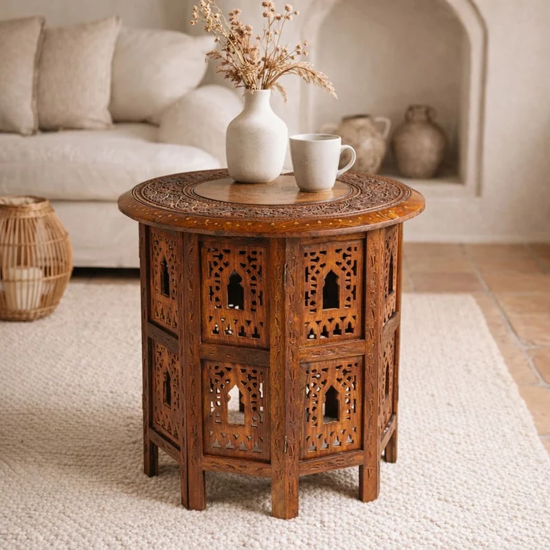 Table d'appoint indienne sculptée en bois | 3 Tailles