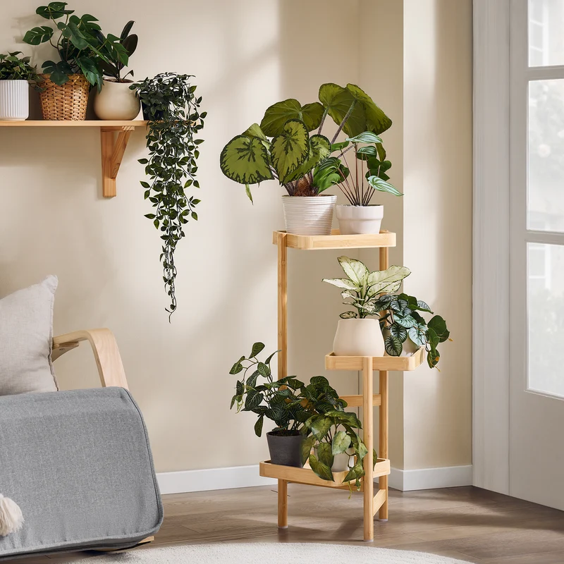 SoBuy STR12-N Étagère à Fleurs Support de Pots de Fleurs Porte Plante en Bambou à 3 Niveaux