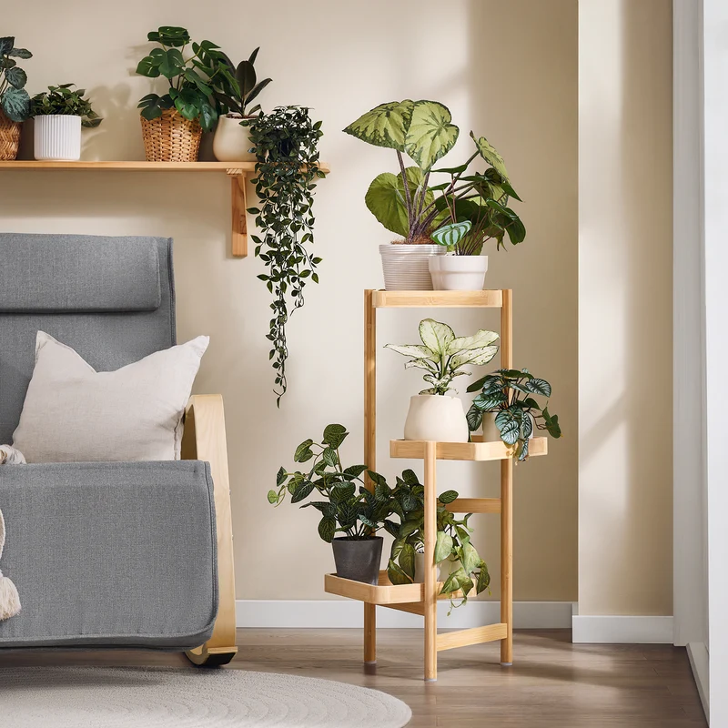 SoBuy STR12-N Étagère à Fleurs Support de Pots de Fleurs Porte Plante en Bambou à 3 Niveaux