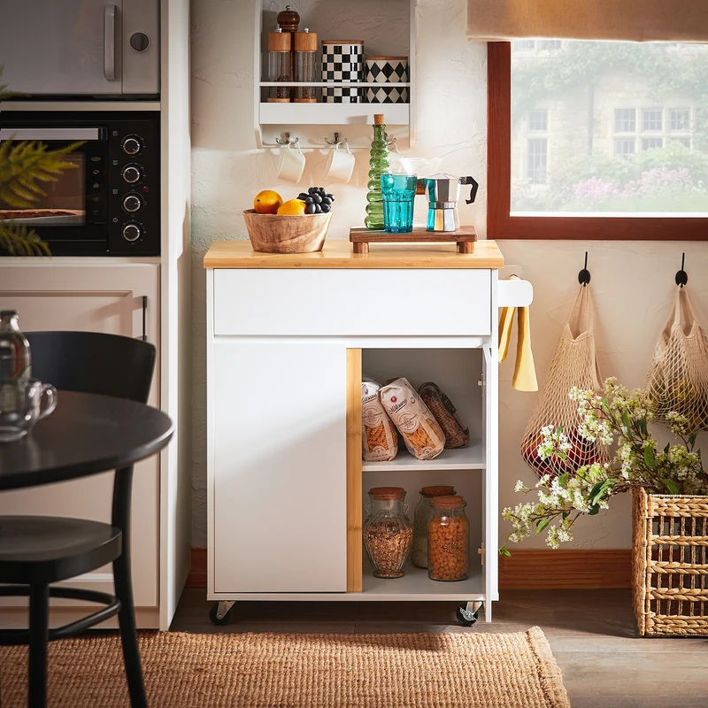 SoBuy FKW125-WN Desserte de Cuisine à roulettes Chariot de Service avec 1 Tiroirs, 2 Portes, 4 étages à l’intérieur