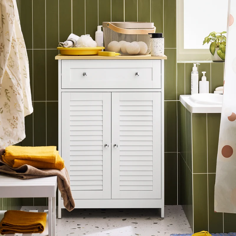 sebuyfr.comG238-WN Meuble Bas Salle de Bain avec Étagère Réglable, 1 Tiroir et 2 Portes, pour Salle de Bain et WC, Compact – L60×P35×H87 cm, Blanc et Naturel