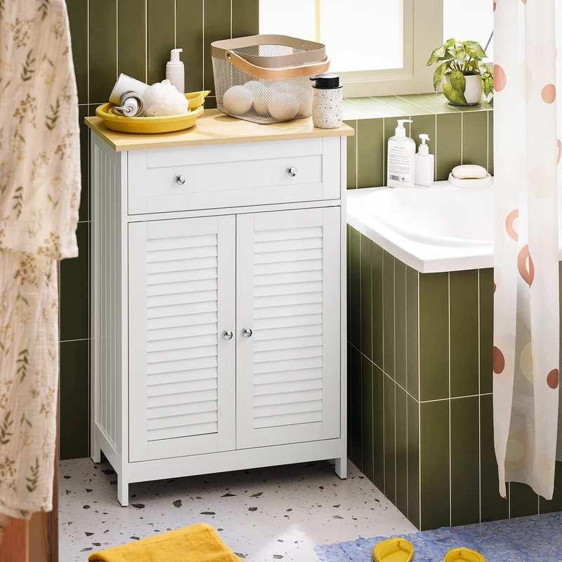 sebuyfr.comG238-WN Meuble Bas Salle de Bain avec Étagère Réglable, 1 Tiroir et 2 Portes, pour Salle de Bain et WC, Compact – L60×P35×H87 cm, Blanc et Naturel
