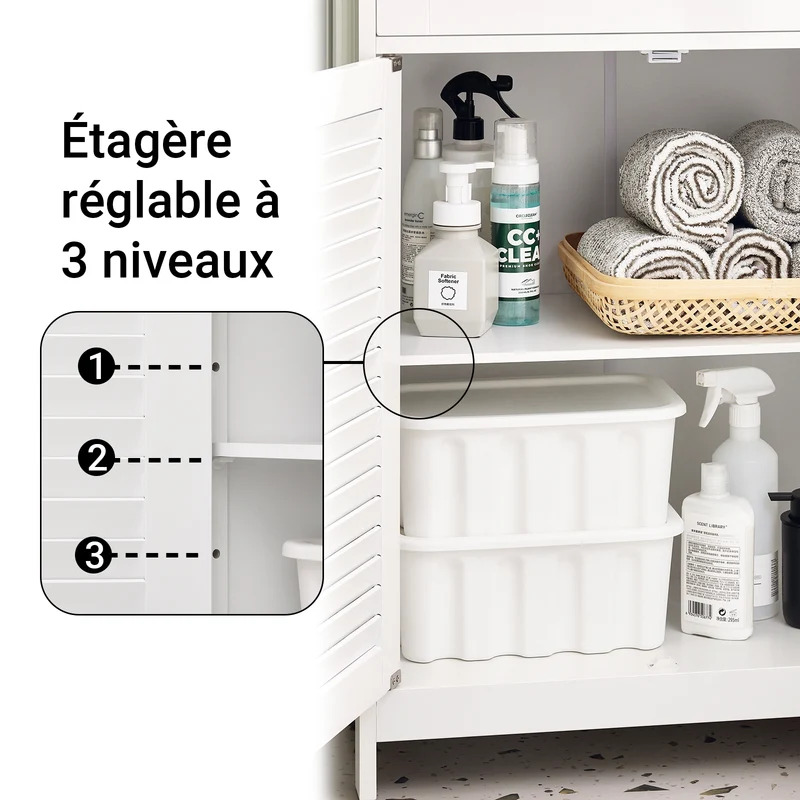 sebuyfr.comG238-WN Meuble Bas Salle de Bain avec Étagère Réglable, 1 Tiroir et 2 Portes, pour Salle de Bain et WC, Compact – L60×P35×H87 cm, Blanc et Naturel