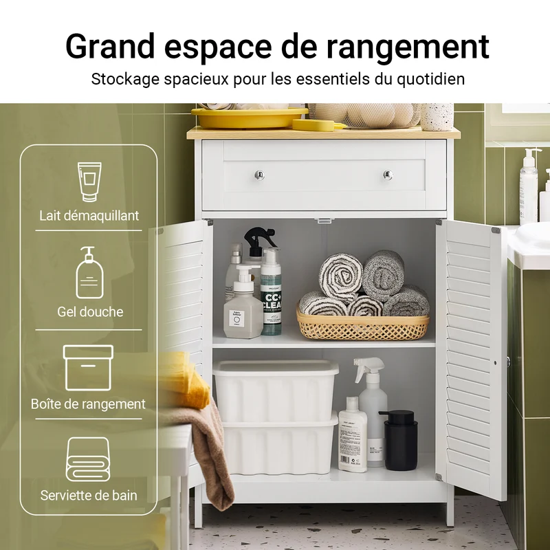 sebuyfr.comG238-WN Meuble Bas Salle de Bain avec Étagère Réglable, 1 Tiroir et 2 Portes, pour Salle de Bain et WC, Compact – L60×P35×H87 cm, Blanc et Naturel