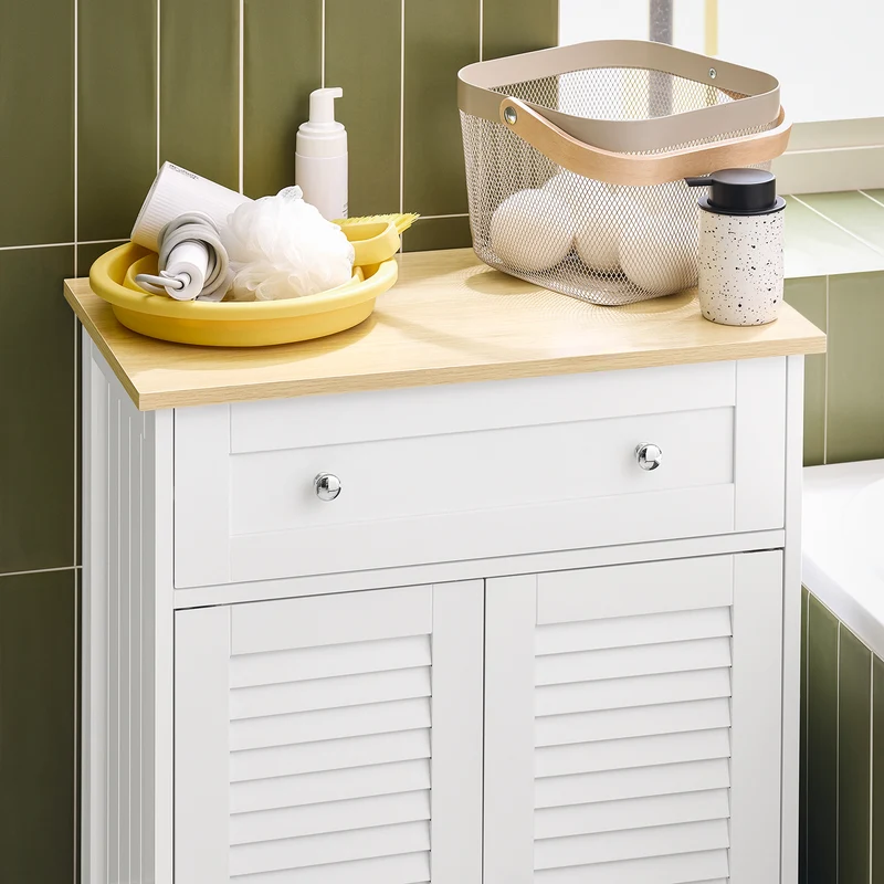 sebuyfr.comG238-WN Meuble Bas Salle de Bain avec Étagère Réglable, 1 Tiroir et 2 Portes, pour Salle de Bain et WC, Compact – L60×P35×H87 cm, Blanc et Naturel