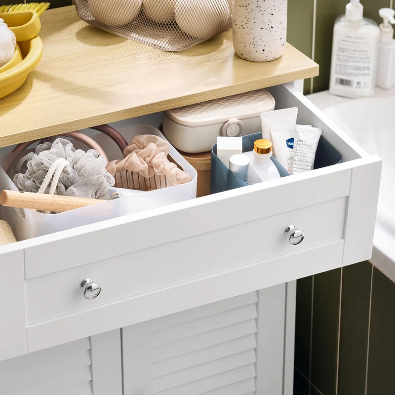 sebuyfr.comG238-WN Meuble Bas Salle de Bain avec Étagère Réglable, 1 Tiroir et 2 Portes, pour Salle de Bain et WC, Compact – L60×P35×H87 cm, Blanc et Naturel