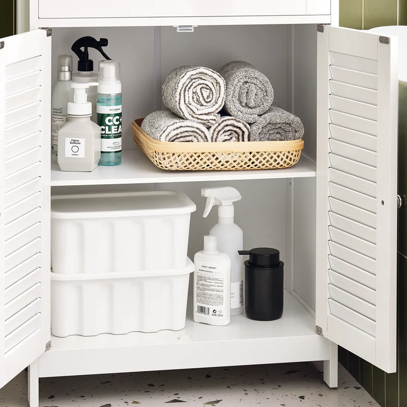 sebuyfr.comG238-WN Meuble Bas Salle de Bain avec Étagère Réglable, 1 Tiroir et 2 Portes, pour Salle de Bain et WC, Compact – L60×P35×H87 cm, Blanc et Naturel