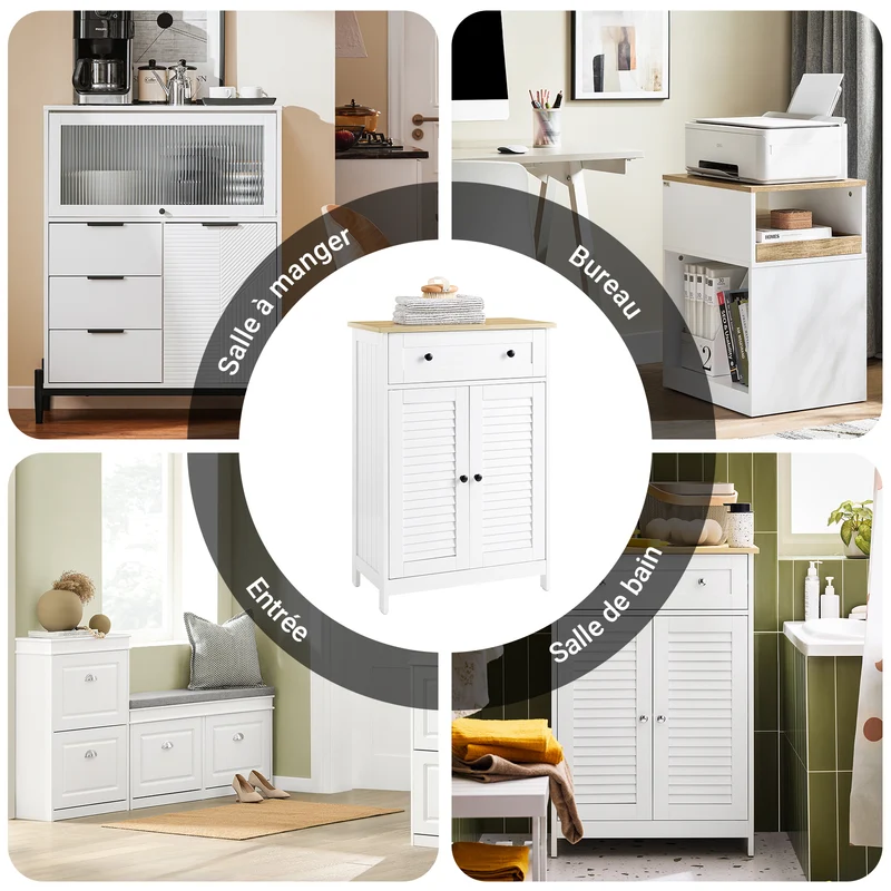 sebuyfr.comG238-WN Meuble Bas Salle de Bain avec Étagère Réglable, 1 Tiroir et 2 Portes, pour Salle de Bain et WC, Compact – L60×P35×H87 cm, Blanc et Naturel