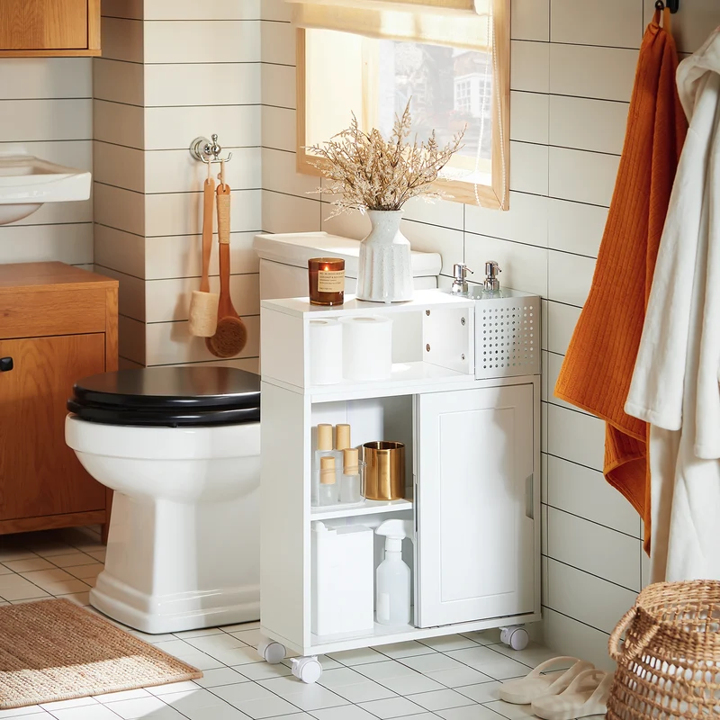 SoBuy BZR176-W Armoire Toilettes WC Support Papier Toilette, Armoire de Salle de Bain sur Roulettes, 2 Compartiments Ouverts