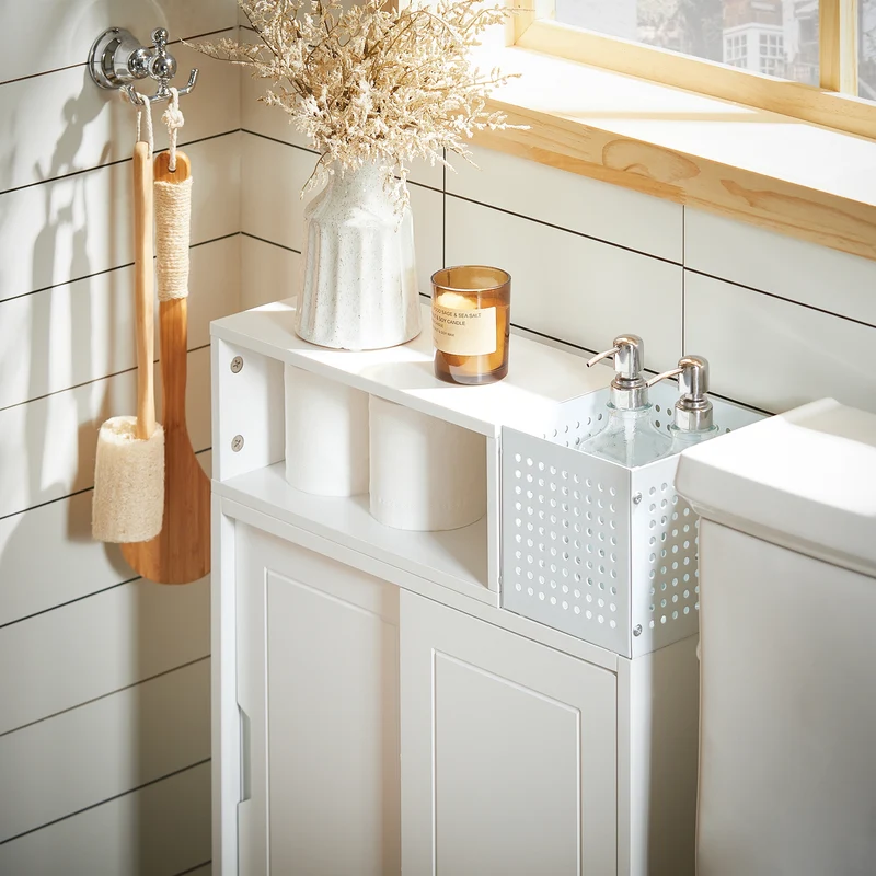 SoBuy BZR176-W Armoire Toilettes WC Support Papier Toilette, Armoire de Salle de Bain sur Roulettes, 2 Compartiments Ouverts