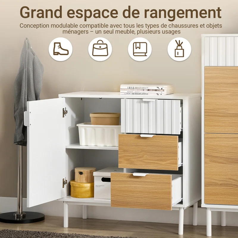 SoBuy FSB91-WN Buffet Meuble de Rangement avec 3 Tiroirs et 1 Porte, Pieds en Métal, Commode Multifonction pour Entrée Salon – 75x35x76 cm, Blanc et Naturel