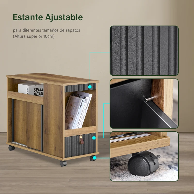 SoBuy FBT143-PF Bout de Canapé sur Roulettes Table de Chevet Table d'Appoint avec 1 Tiroir, 2 Compartiments Ouverts et 4 Portes