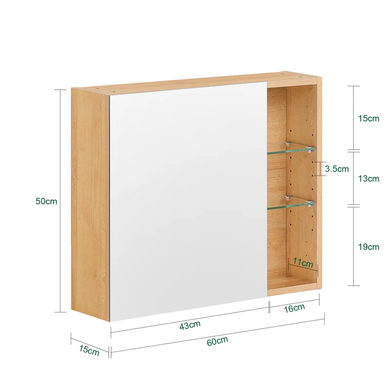 SoBuy BZR173-N Armoire Murale avec Miroir, Placard de Rangement, Meuble Haut avec 1 Porte, Étagères Réglables, 60x15x50 cm