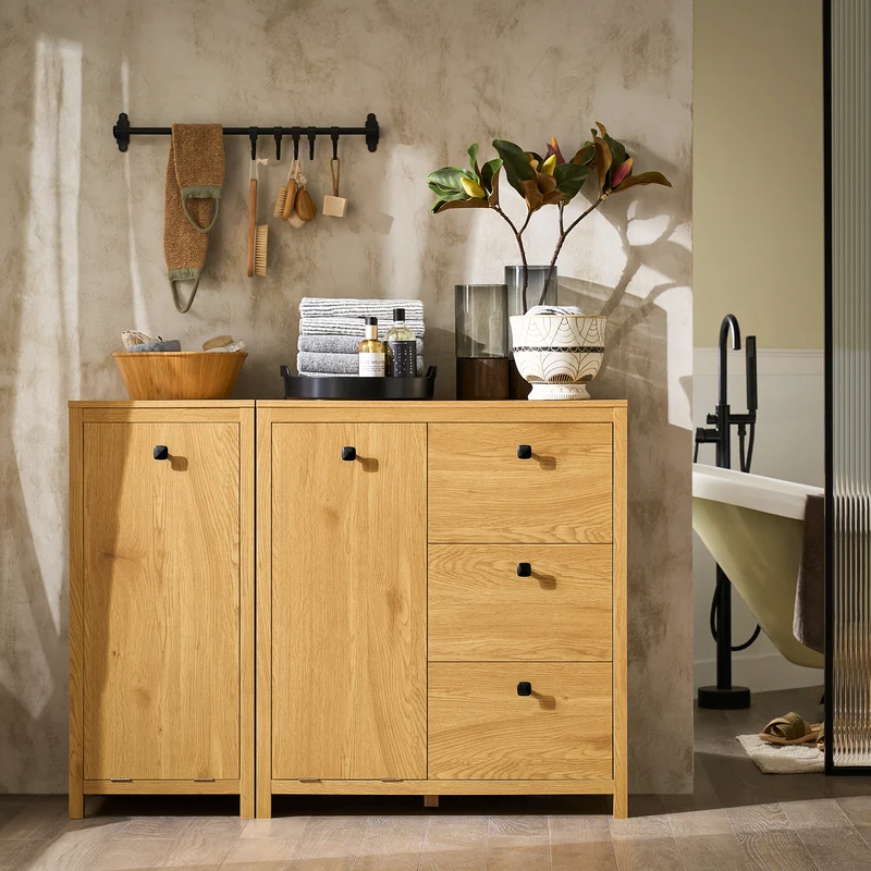 SoBuy BZR97-SN Armoire à Linge avec Sac à Linge, Meuble Bas de Salle de Bain, Armoire Toilette avec 3 Tiroirs et 1 Panier à Linge