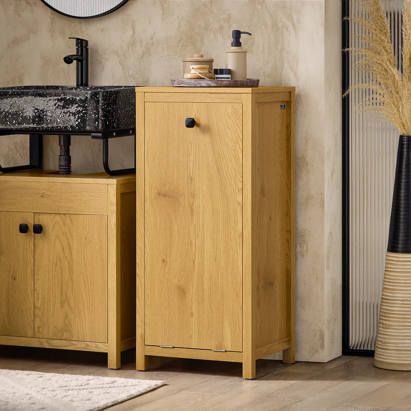 SoBuy BZR96-SN Armoire à Linge avec Sac à Linge, Meuble Bas de Salle de Bain, Coffre à Linge avec 1 Panier à Linge