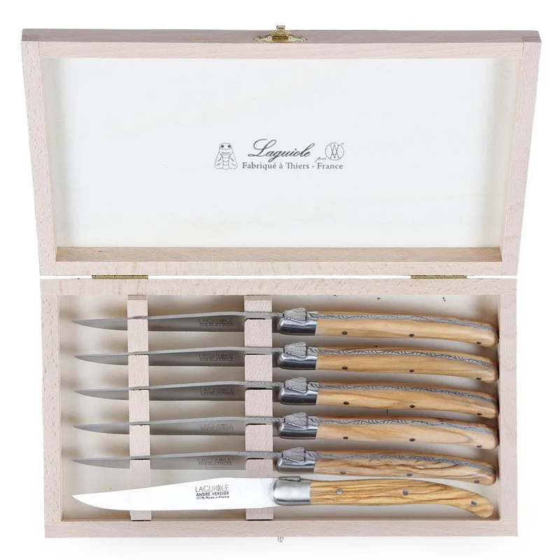 Laguiole André Verdier Set of 6 Olive Wood Steak Knives