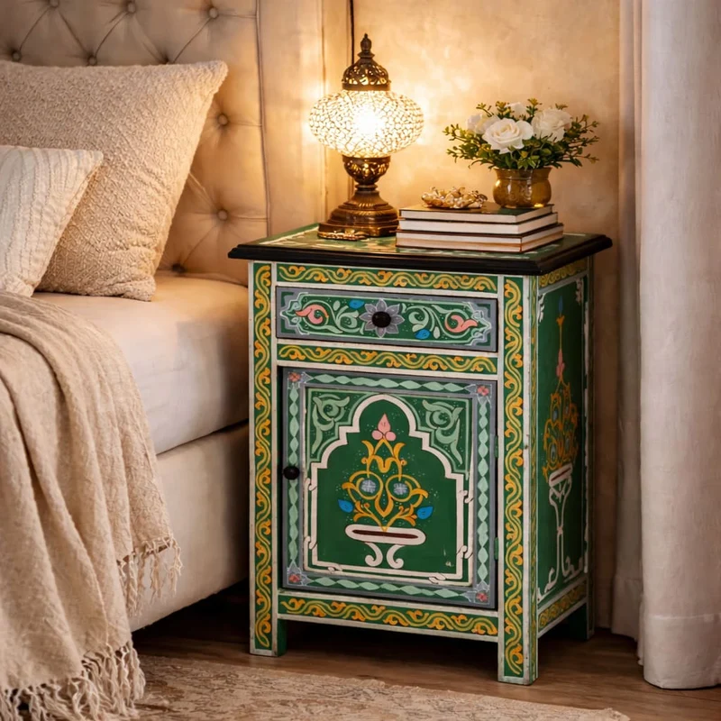Table de nuit arabe peinte en vert