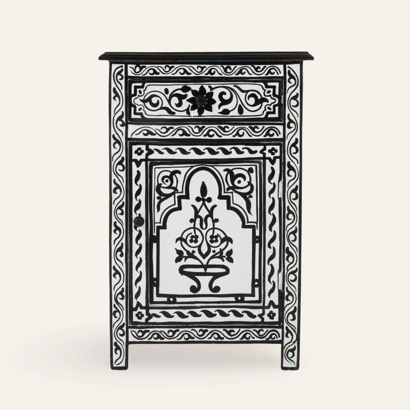 Table de nuit arabe peinte à la main en noir et blanc
