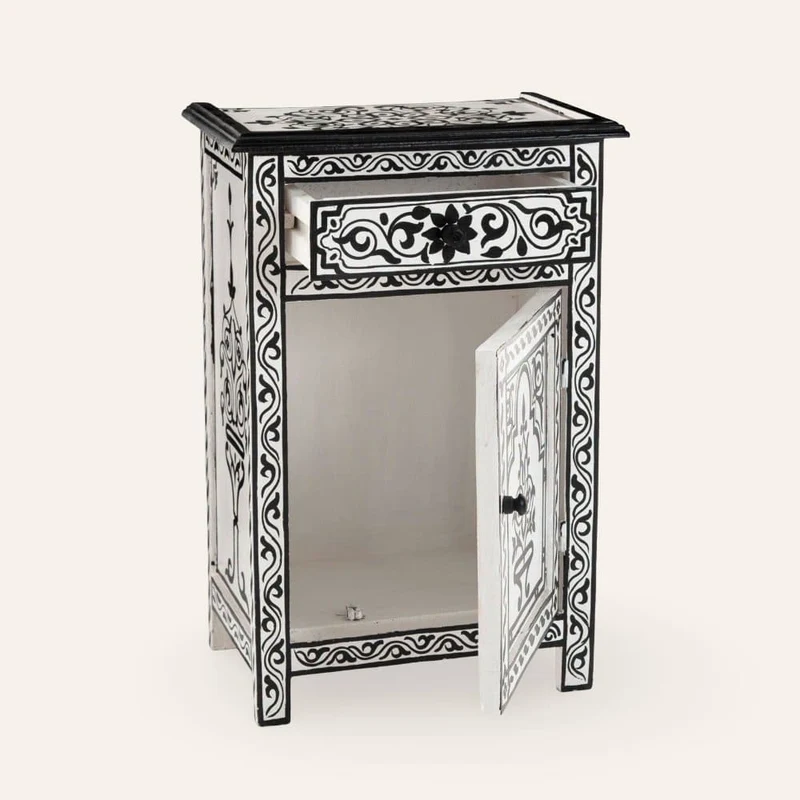 Table de nuit arabe peinte à la main en noir et blanc