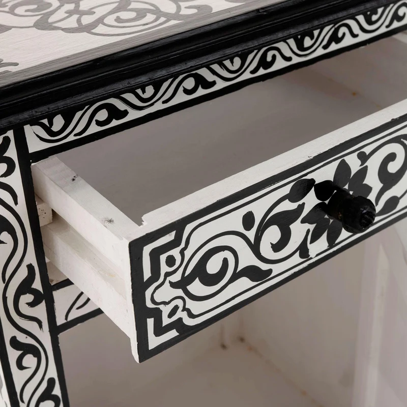 Table de nuit arabe peinte à la main en noir et blanc