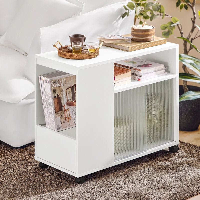 SoBuy FBT142-W Table d’Appoint, Bout de Canapé de Salon, à roulettes, Chariot de Bureau avec tiroir et Portes en Verre