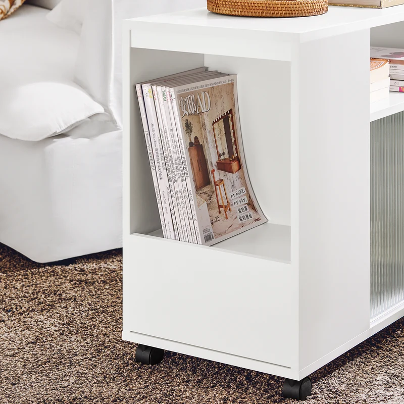 SoBuy FBT142-W Table d’Appoint, Bout de Canapé de Salon, à roulettes, Chariot de Bureau avec tiroir et Portes en Verre