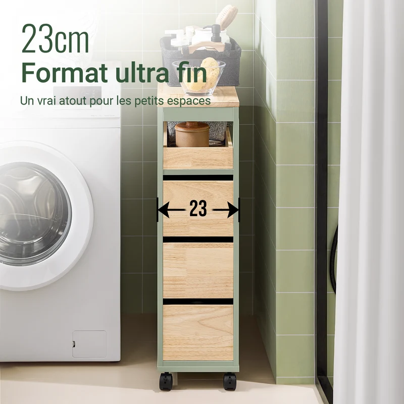 SoBuy BZR54-GR Meuble Salle de Bain à roulettes, Armoire de Salle de Bain Étroit avec 3 Tiroirs et Étagère Réglable, Petit Meuble WC en Bois pour Toilette, Vert, 65x24x82cm