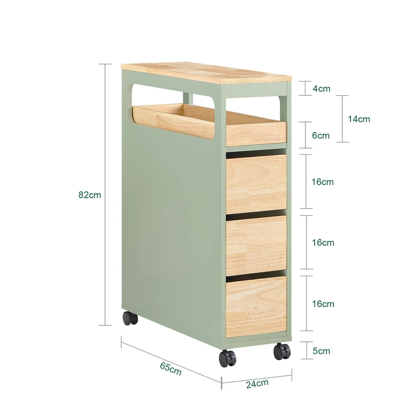 SoBuy BZR54-GR Meuble Salle de Bain à roulettes, Armoire de Salle de Bain Étroit avec 3 Tiroirs et Étagère Réglable, Petit Meuble WC en Bois pour Toilette, Vert, 65x24x82cm