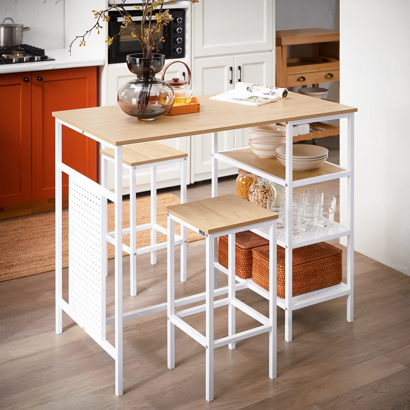 SoBuy OGT51-WN Ensemble Table et 2 Tabourets, Table Cuisine avec 3 Étagères Latérales, Table Haute Mange-Debout