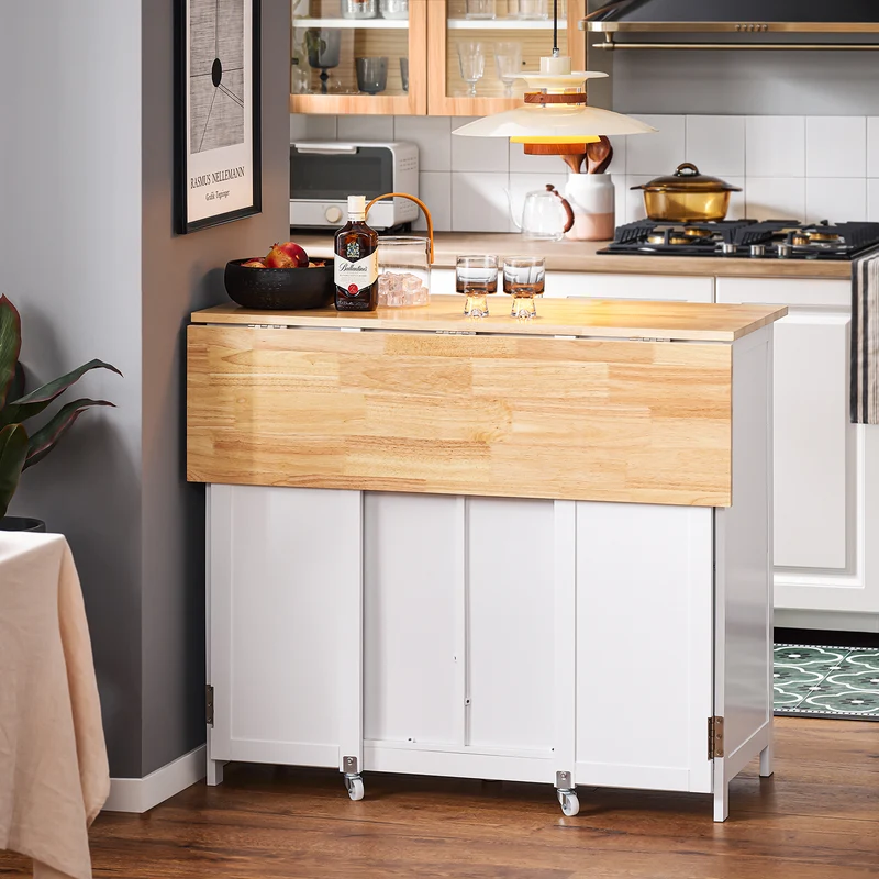 SoBuy KNL10-WN îlot Central de Cuisine Buffet de Rangement Mange-Debout avec Plans de Travail Rabattable 2 armoires 4 Portes