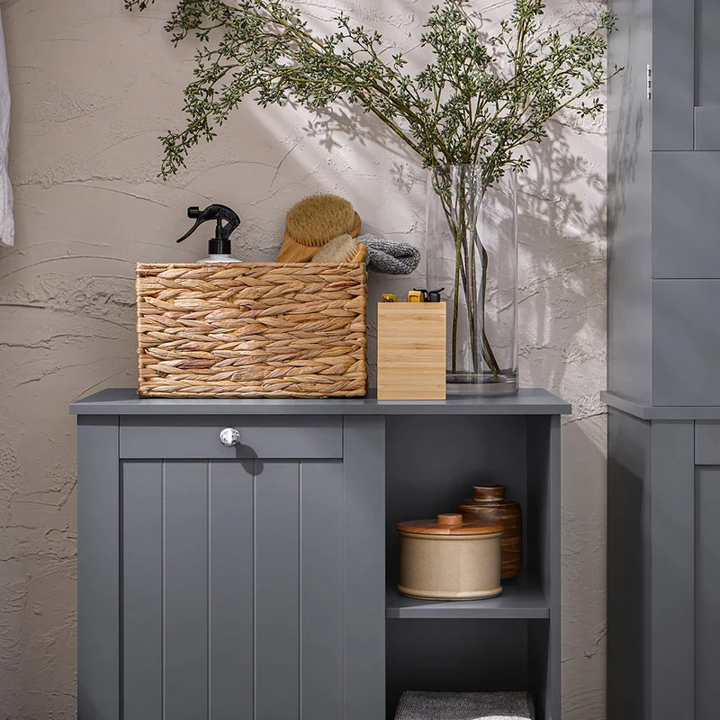 SoBuy BZR105-DG Meuble Bas Armoire à Linge avec Sac à Linge, Coffre à Linge, Porte Vêtement, Corbeille à Linge Sale