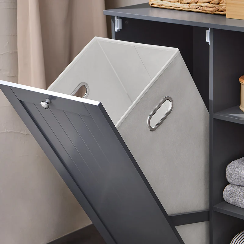 SoBuy BZR105-DG Meuble Bas Armoire à Linge avec Sac à Linge, Coffre à Linge, Porte Vêtement, Corbeille à Linge Sale