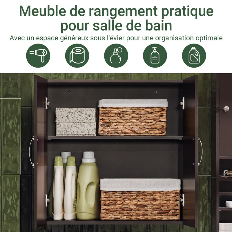 sebuyfr.comG231-BR Meuble Haut Salle de Bain Suspendu Armoire Murale avec Étagère Réglable et Porte Rangement Mural Compact pour Salle de Bain, WC ou Cuisine Marron 60x30x60 cm
