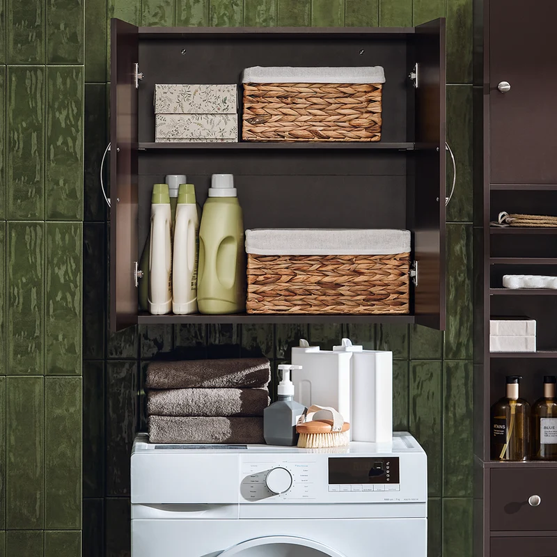 sebuyfr.comG231-BR Meuble Haut Salle de Bain Suspendu Armoire Murale avec Étagère Réglable et Porte Rangement Mural Compact pour Salle de Bain, WC ou Cuisine Marron 60x30x60 cm