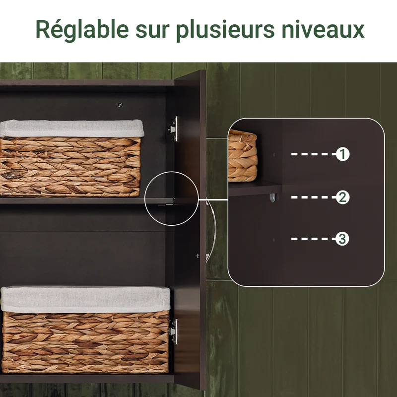 sebuyfr.comG231-BR Meuble Haut Salle de Bain Suspendu Armoire Murale avec Étagère Réglable et Porte Rangement Mural Compact pour Salle de Bain, WC ou Cuisine Marron 60x30x60 cm