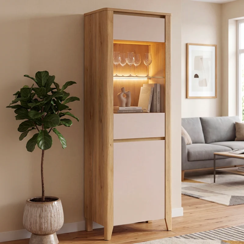 Vitrine 2 portes LED inclus Samara Bois et Cachemire