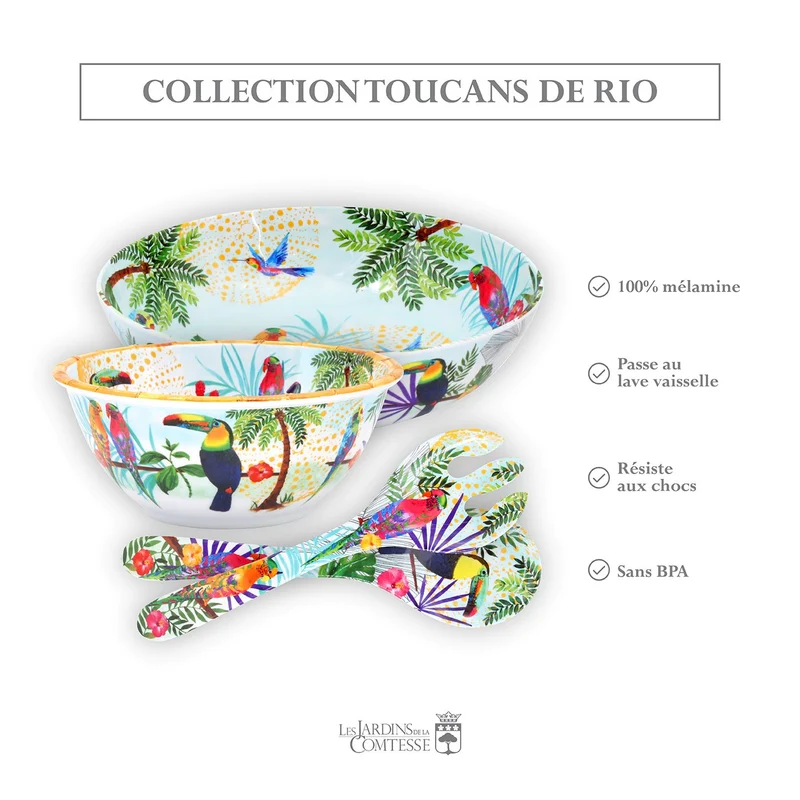 Couverts à salade en mélamine toucans - 33 cm