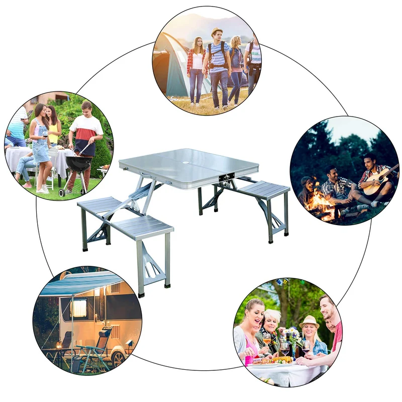 Table de pique-nique de camping en plein air en alliage d'aluminium Table et chaise pliantes intégrées