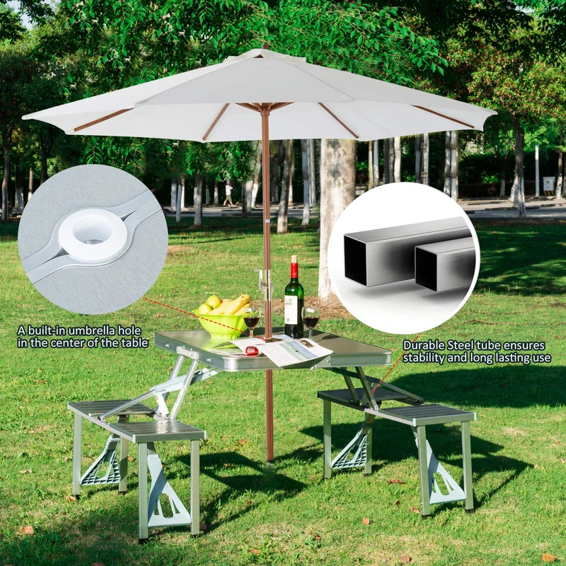 Table de pique-nique de camping en plein air en alliage d'aluminium Table et chaise pliantes intégrées