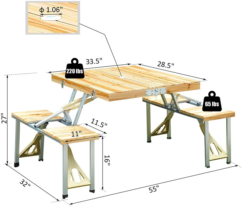 Table de pique-nique de camping en plein air en alliage d'aluminium Table et chaise pliantes intégrées