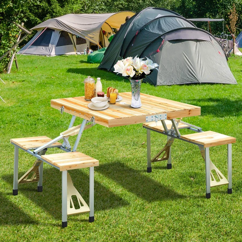 Table de pique-nique de camping en plein air en alliage d'aluminium Table et chaise pliantes intégrées