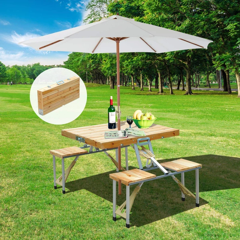 Table de pique-nique de camping pliable portable avec sièges, chaises et parasol trou-bois