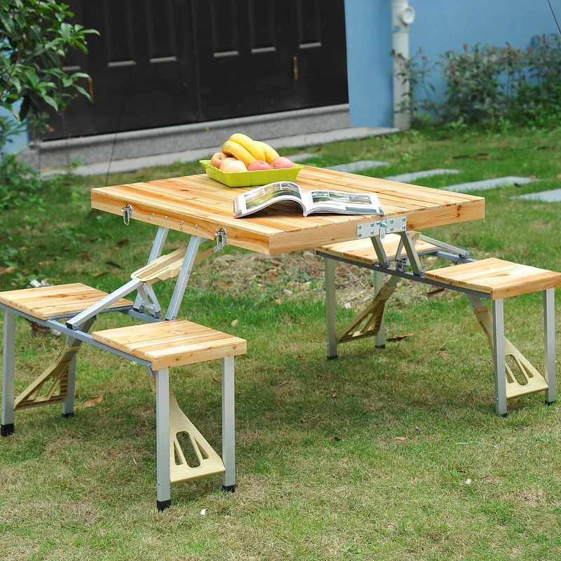Table de pique-nique de camping pliable portable avec sièges, chaises et parasol trou-bois