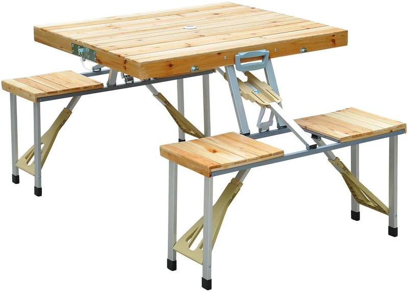 Table de pique-nique de camping pliable portable avec sièges, chaises et parasol trou-bois