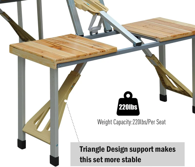 Table de pique-nique de camping pliable portable avec sièges, chaises et parasol trou-bois