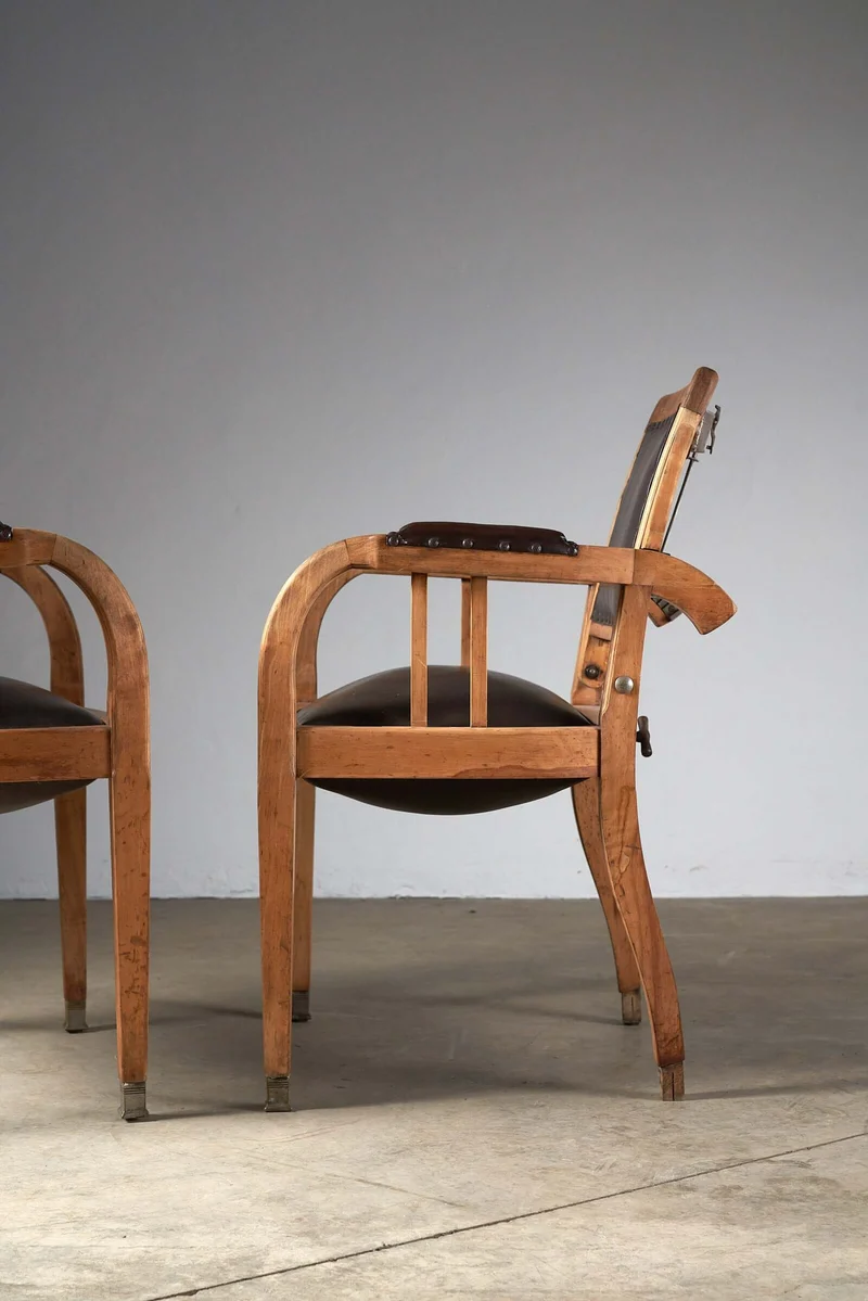Set of 2 Antique Berlin Barber Chairs in Wood, Leather, and Iron with Pivoting Seat
