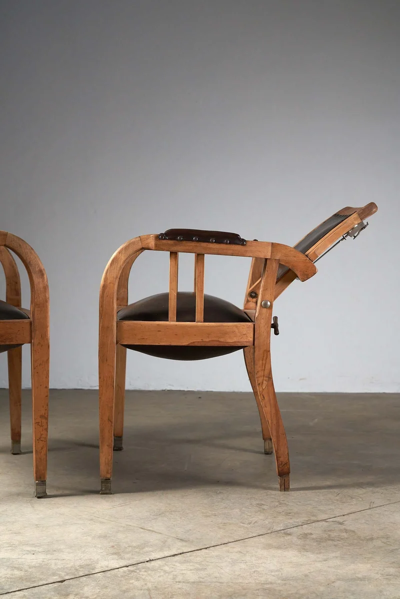Set of 2 Antique Berlin Barber Chairs in Wood, Leather, and Iron with Pivoting Seat